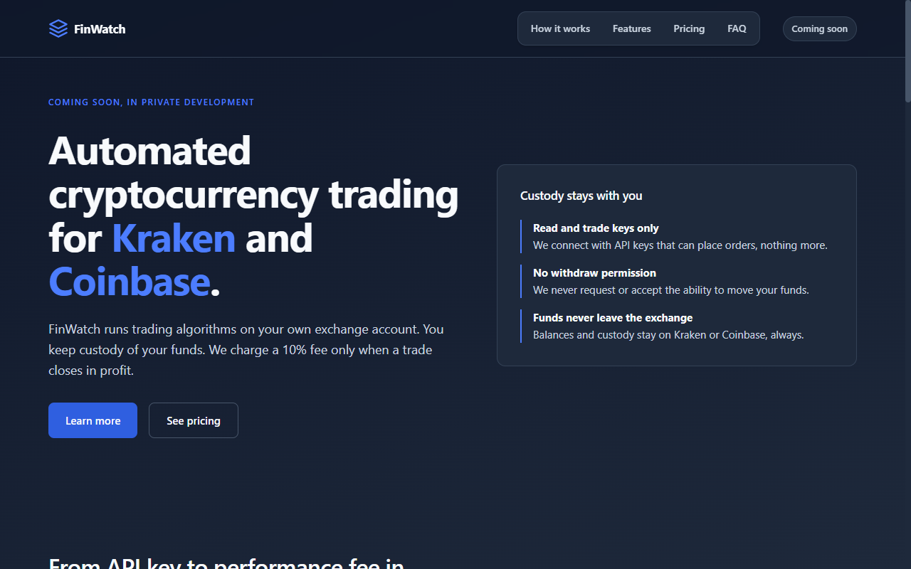 Finwatch marketing site showing the automated crypto trading product for Kraken and Coinbase.